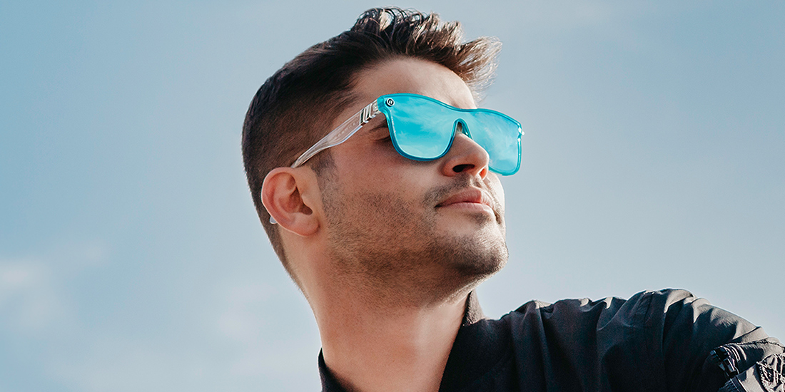 Custom Infinity Polarized Sunglasses - Ice Blue Shield Lens & Crystal Blue  Cat Eye Frame