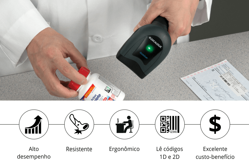 Leitor de Código de Barras Datalogic QuickScan QD2430 em uso com ícones