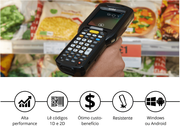 Coletor de Dados Motorola MC3290g em uso com ícones