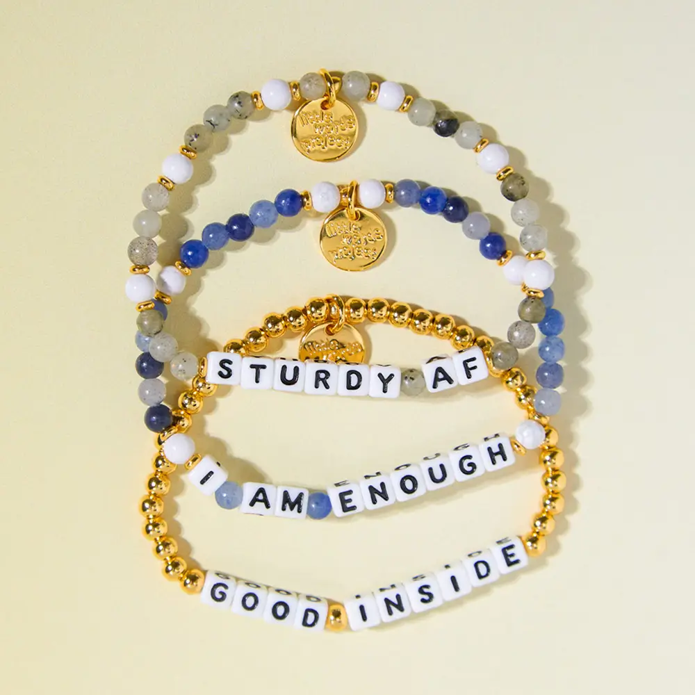 3 Bracelets from the LWP x Dr. Becky collab: Sturdy AF, I Am Enough, and Good Inside.