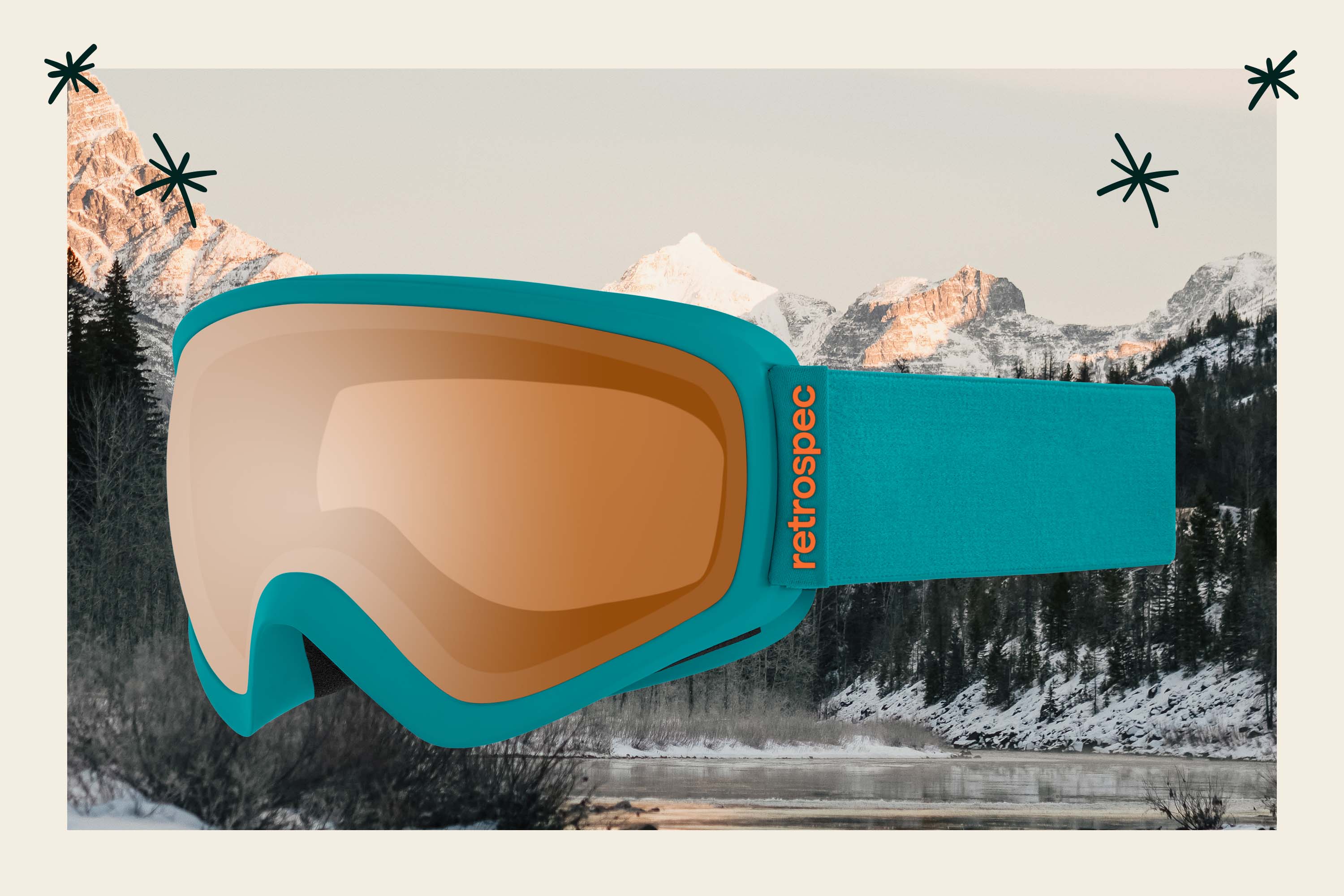 Matte Teal and Citrine Dipper Kids' Ski and Snowboard Goggles in front of snowy mountain background