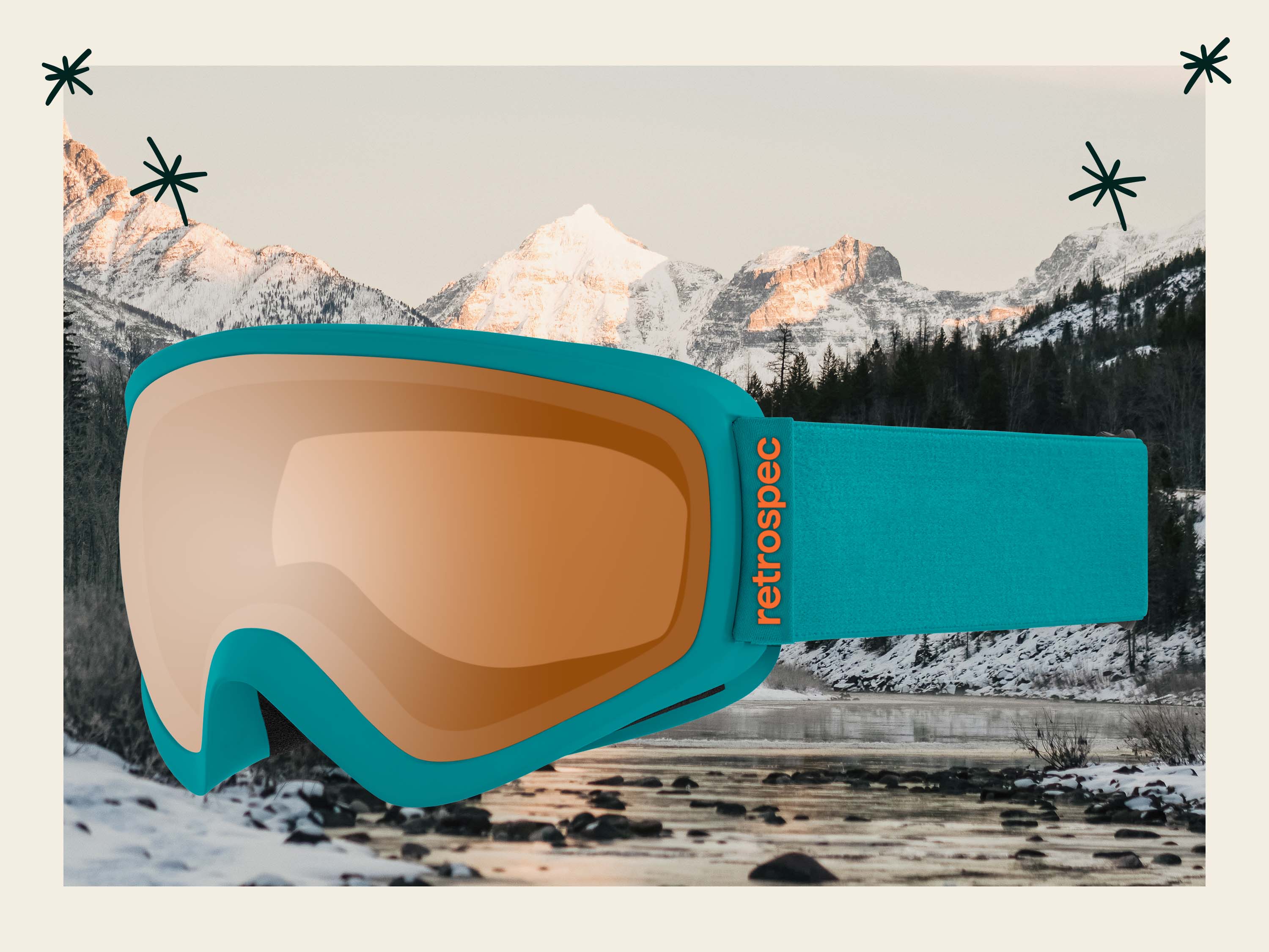 Matte Teal and Citrine Dipper Kids' Ski and Snowboard Goggles in front of snowy mountain background