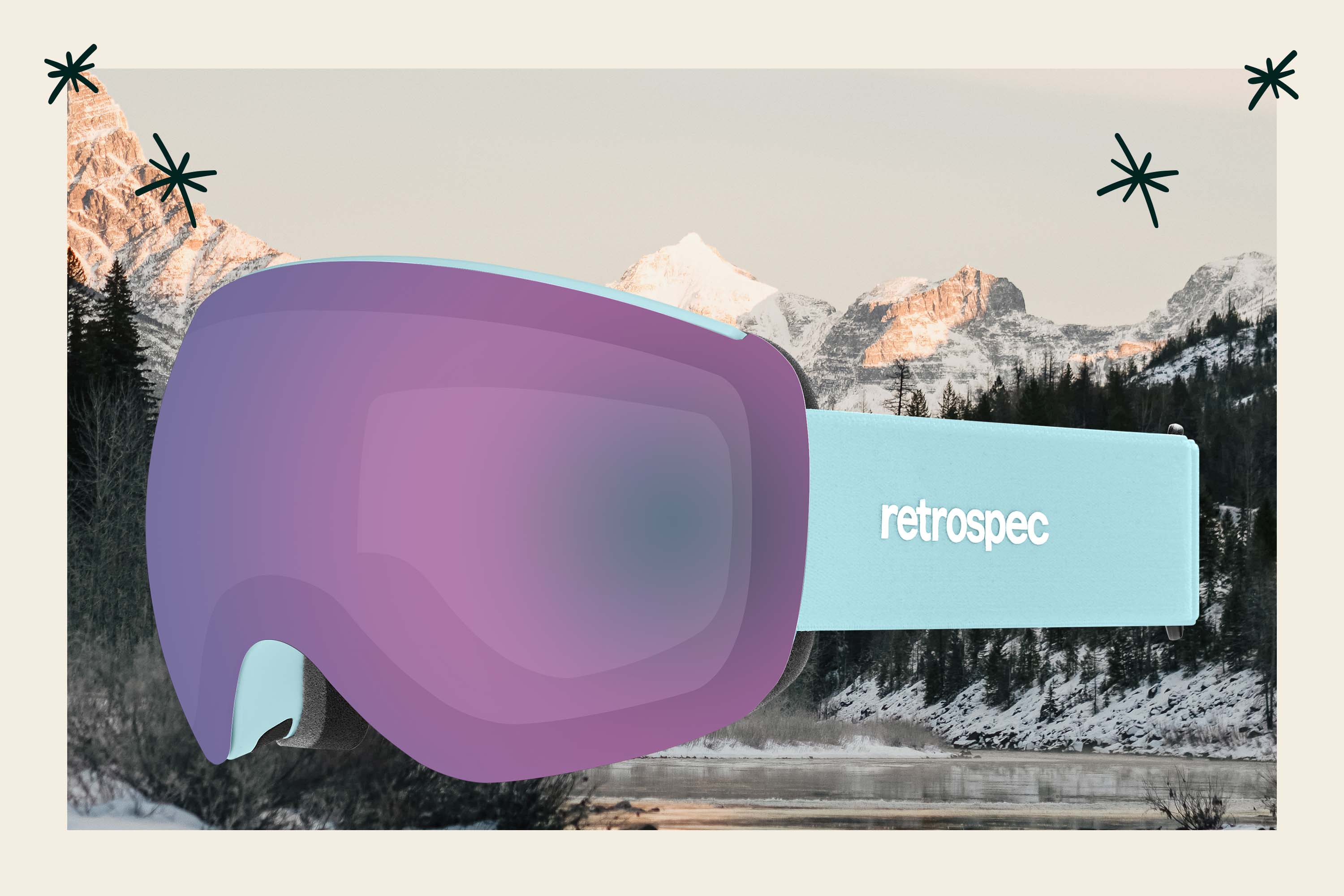 Traverse Plus Goggles with purple lens and blue strap positioned in front of a snowy mountain scene.