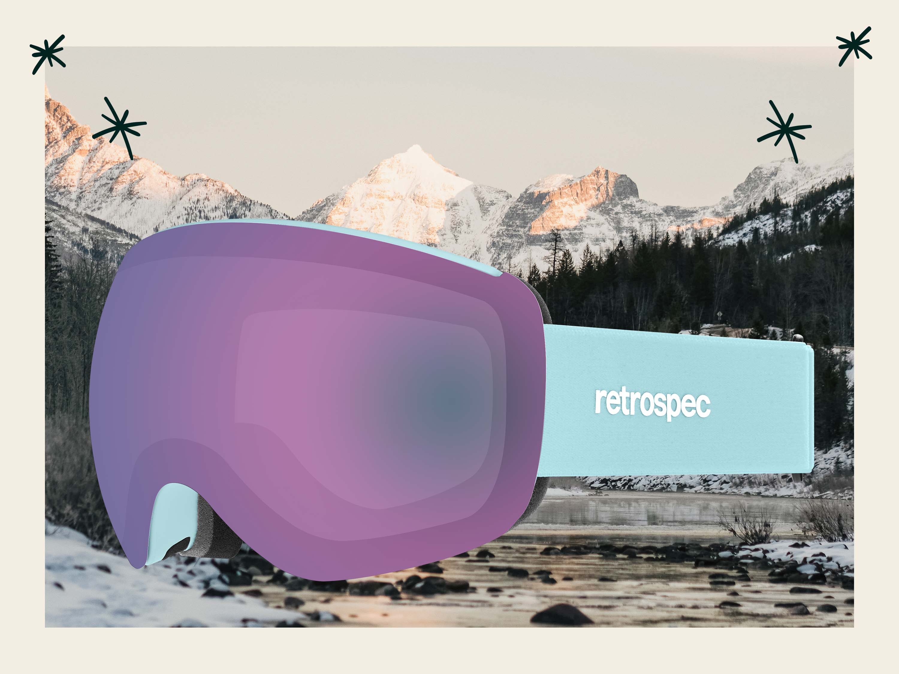 Traverse Plus Goggles with purple lens and blue strap positioned in front of a snowy mountain scene.